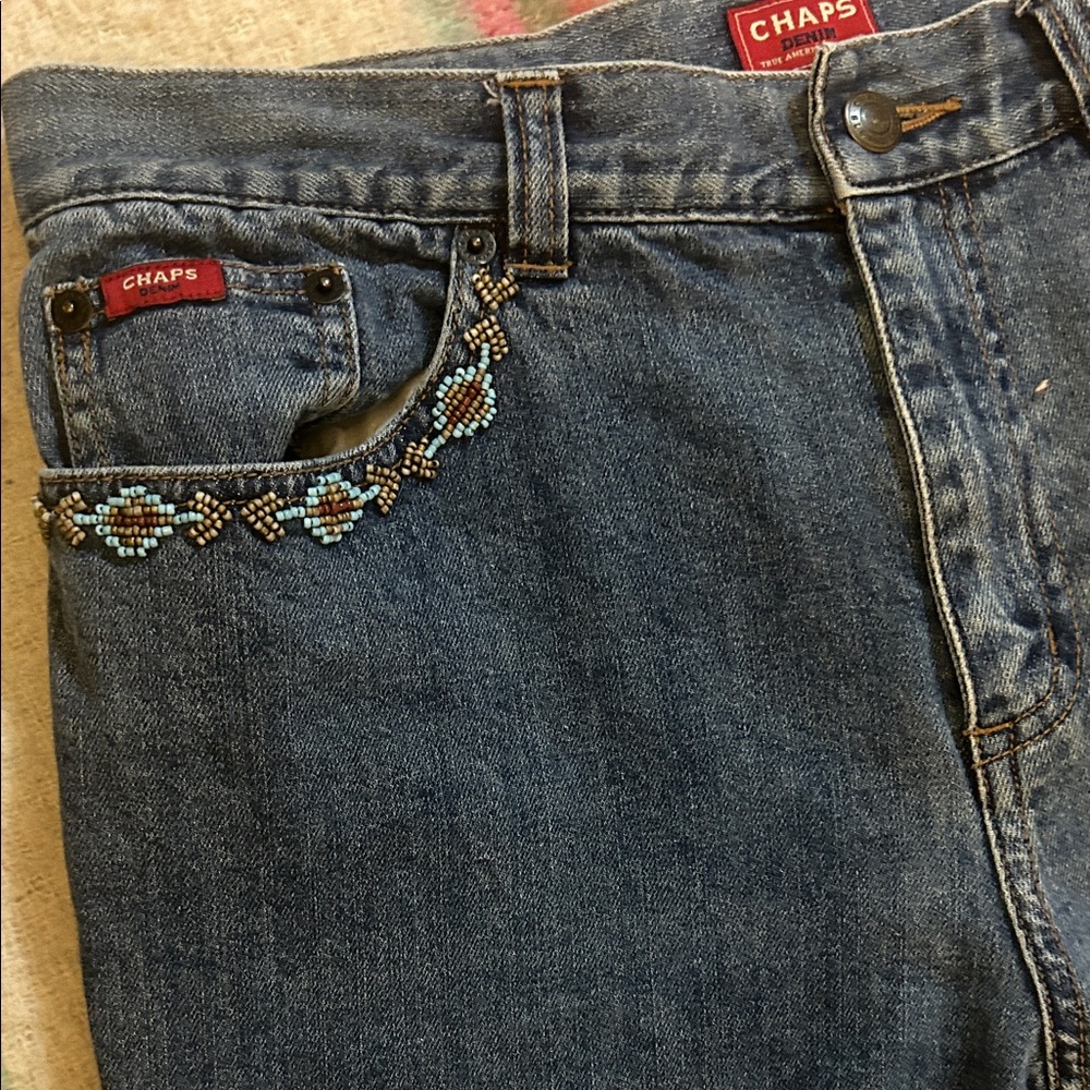 Chaps High Rise Embellished Beaded Jeans Blue Denim Boho Western Statement